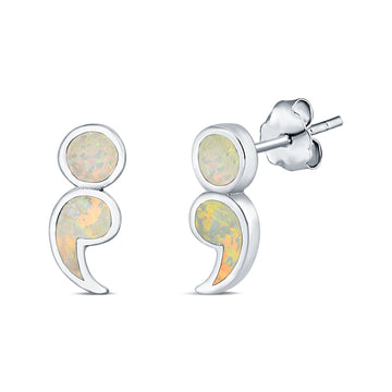 Semicolon Stud Earrings Lab Created White Opal 925 Sterling Silver (11mm)